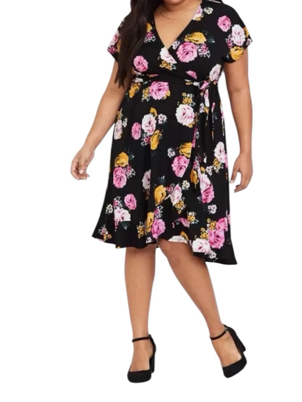 Torrid Floral Midi Faux Wrap Dress Black Size 0 Short Sleeves V Neck Stretch
